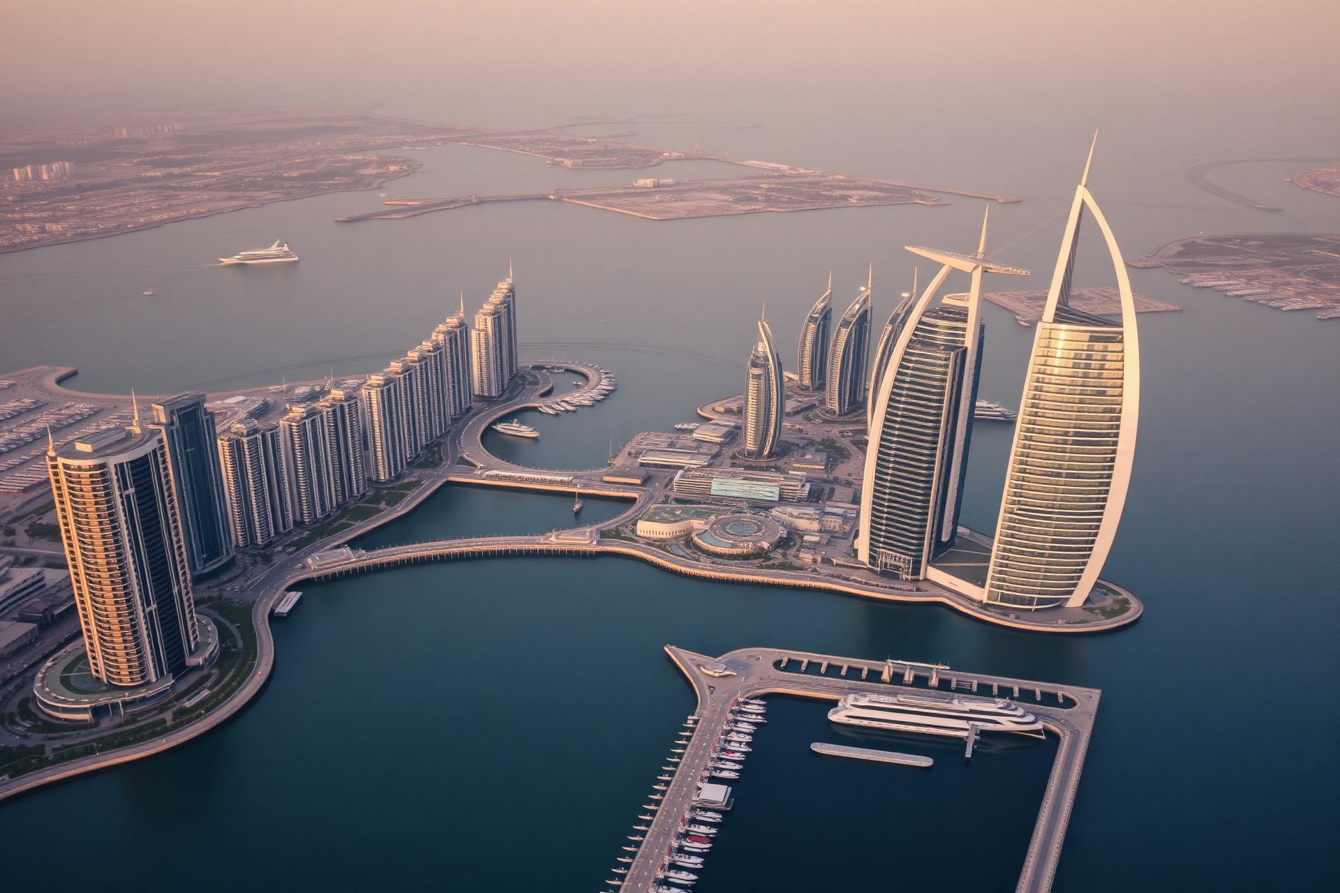 Vue aérienne de Dubaï au coucher du soleil